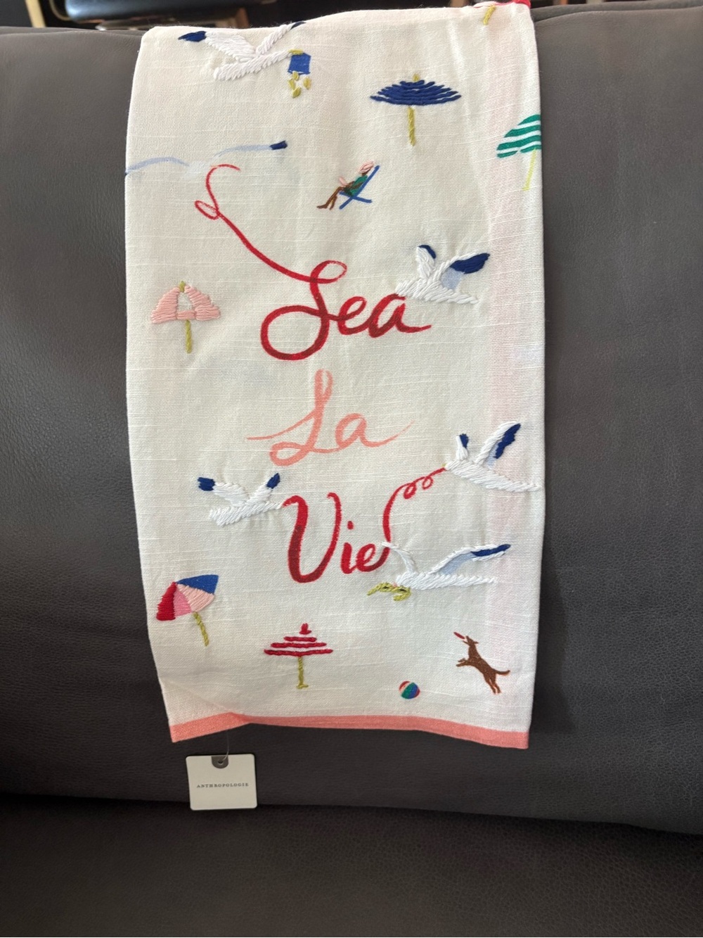 Anthropologie Sea La Vie Embroidered kitchen towel White with Multi Colors
